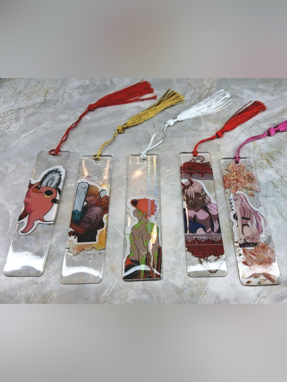 Hand Crafted red, gold, white, pink, yellow tassel anime bookmarks